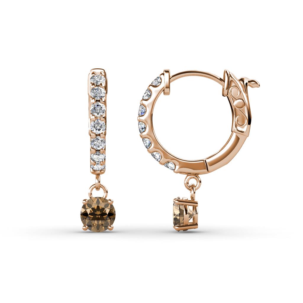 Nita (4mm) Round Smoky Quartz and Diamond Dangle Huggie Hoop Earrings 