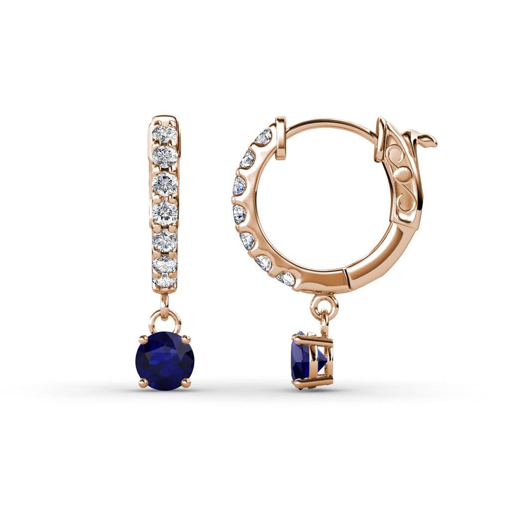 Nita (4mm) Round Blue Sapphire and Diamond Dangle Huggie Hoop Earrings 