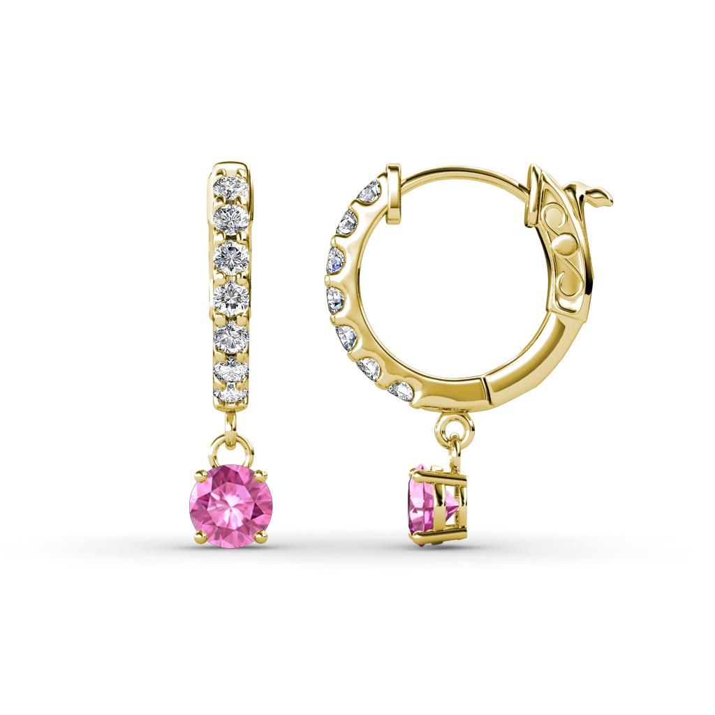 Nita (4mm) Round Pink Sapphire and Diamond Dangle Huggie Hoop Earrings 