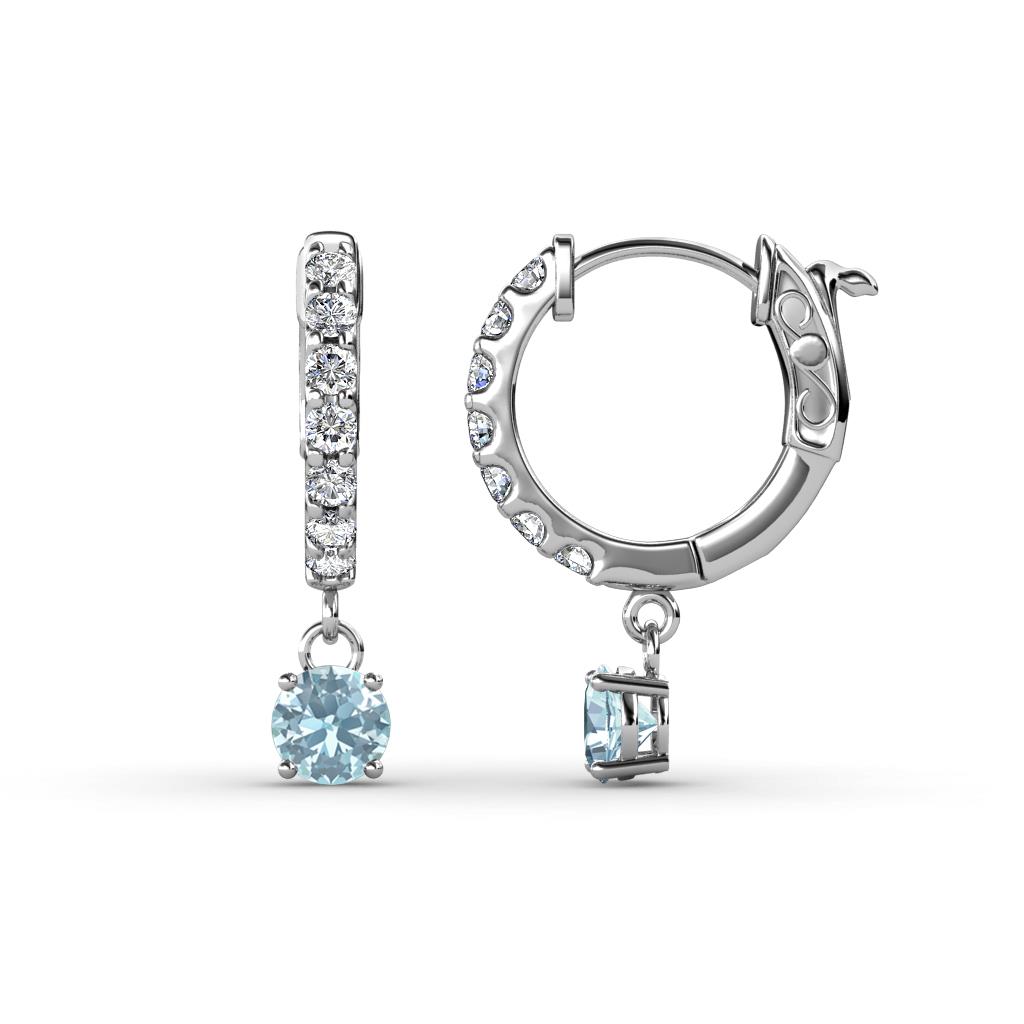 Nita (4mm) Round Aquamarine and Diamond Dangle Huggie Hoop Earrings 