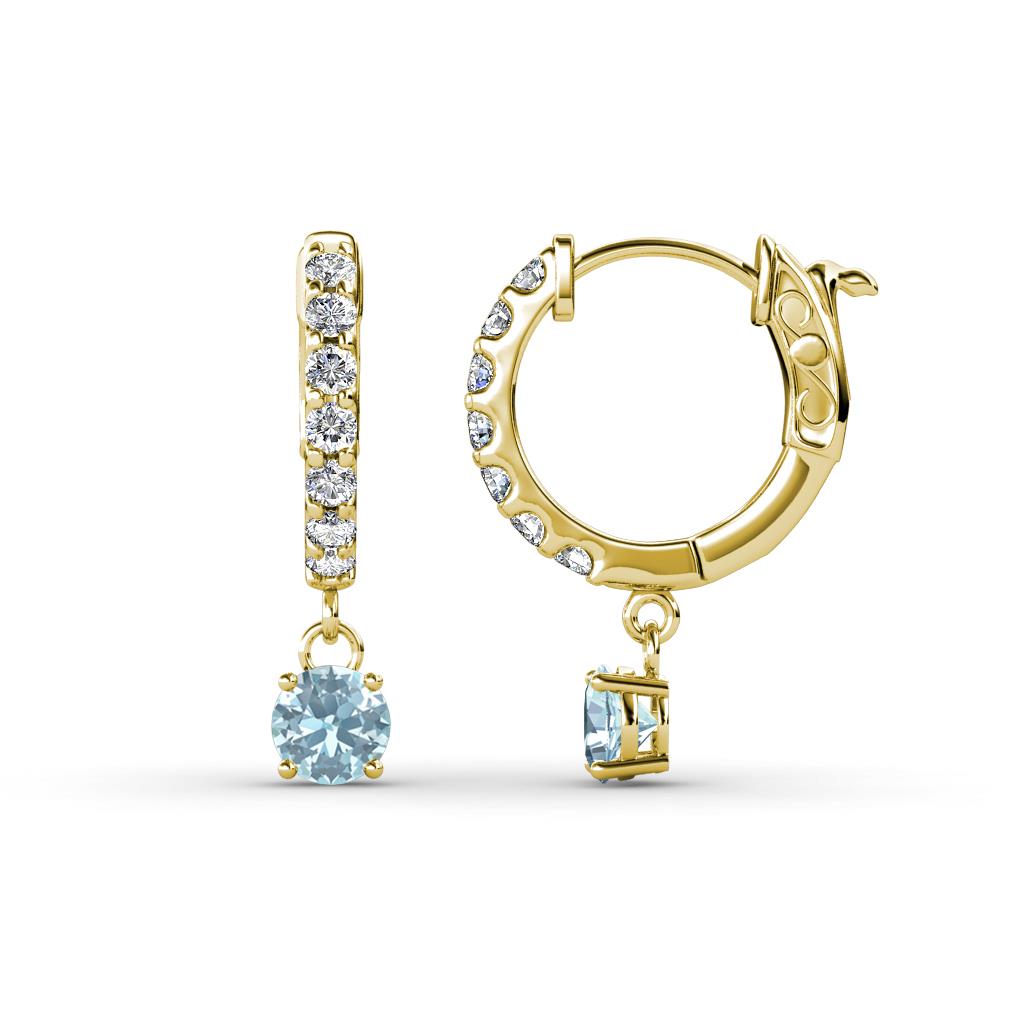 Nita (4mm) Round Aquamarine and Diamond Dangle Huggie Hoop Earrings 