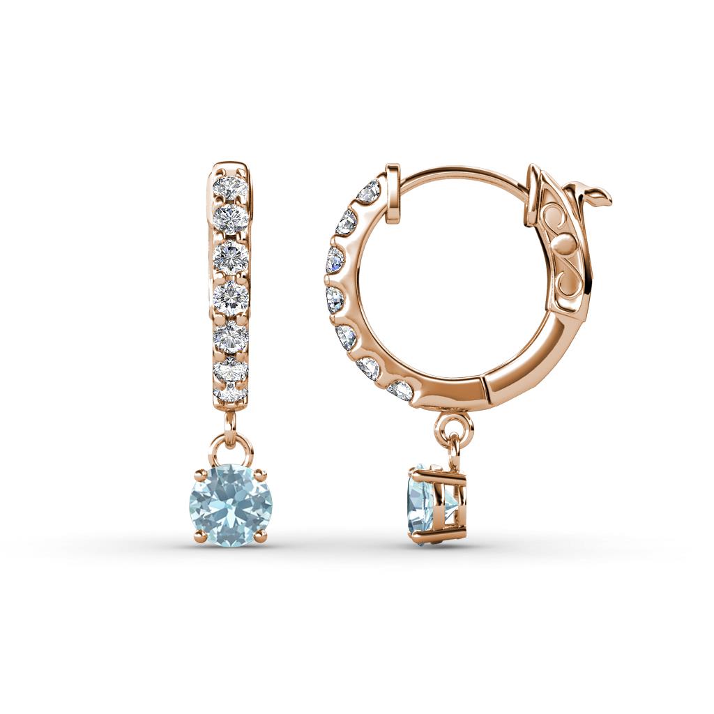 Nita (4mm) Round Aquamarine and Diamond Dangle Huggie Hoop Earrings 
