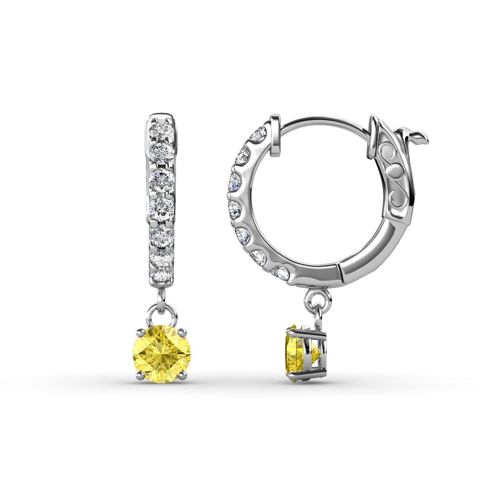 Nita (4mm) Round Yellow Sapphire and Diamond Dangle Huggie Hoop Earrings 