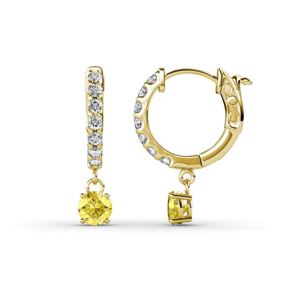Nita (4mm) Round Yellow Sapphire and Diamond Dangle Huggie Hoop Earrings 