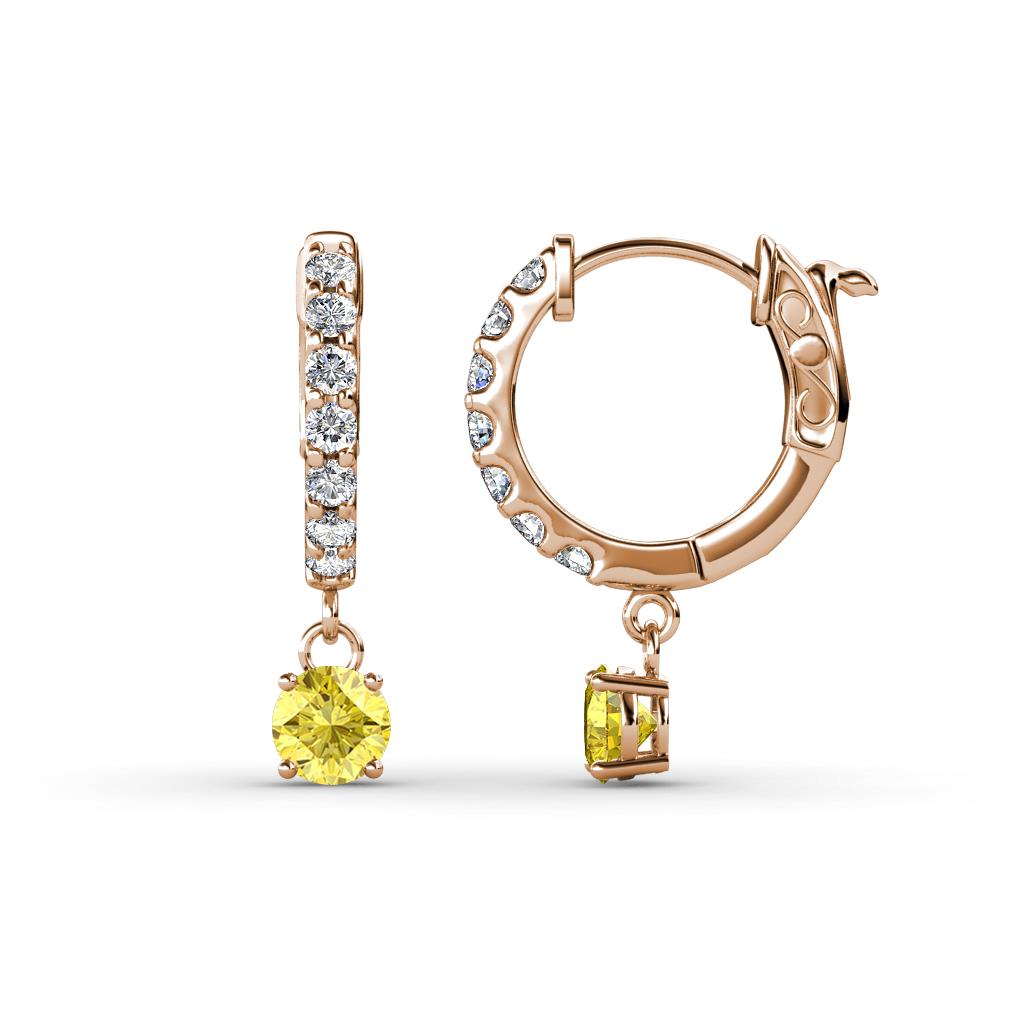 Nita (4mm) Round Yellow Sapphire and Diamond Dangle Huggie Hoop Earrings 