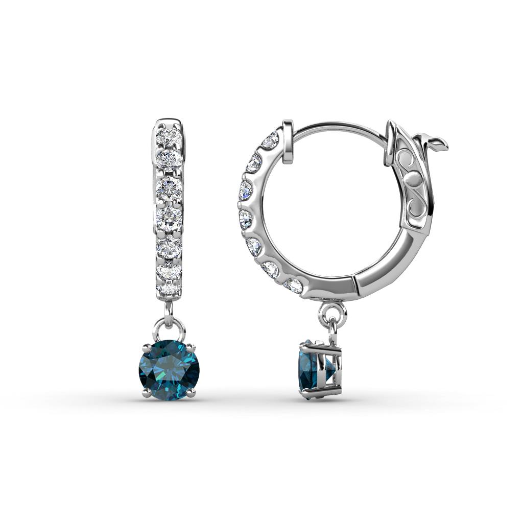 Nita (4mm) Round Blue and White Diamond Dangle Huggie Hoop Earrings 