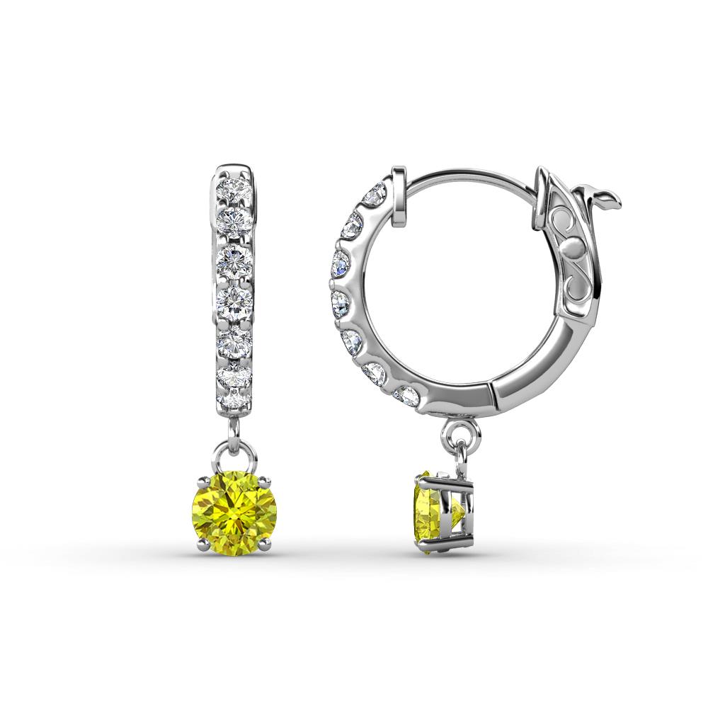 Nita (4mm) Round Yellow and White Diamond Dangle Huggie Hoop Earrings 