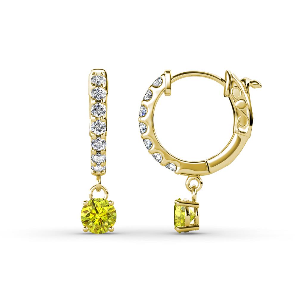 Nita (4mm) Round Yellow and White Diamond Dangle Huggie Hoop Earrings 