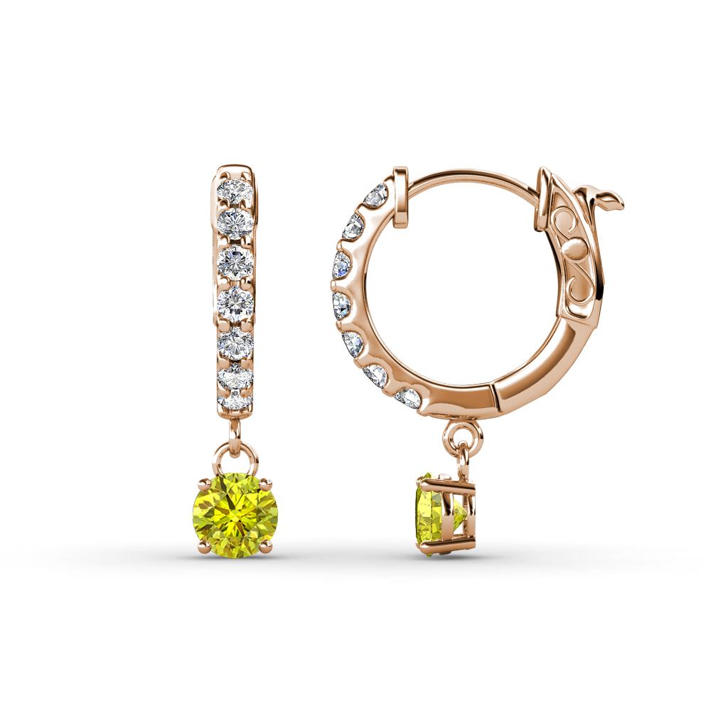 Nita (4mm) Round Yellow and White Diamond Dangle Huggie Hoop Earrings 
