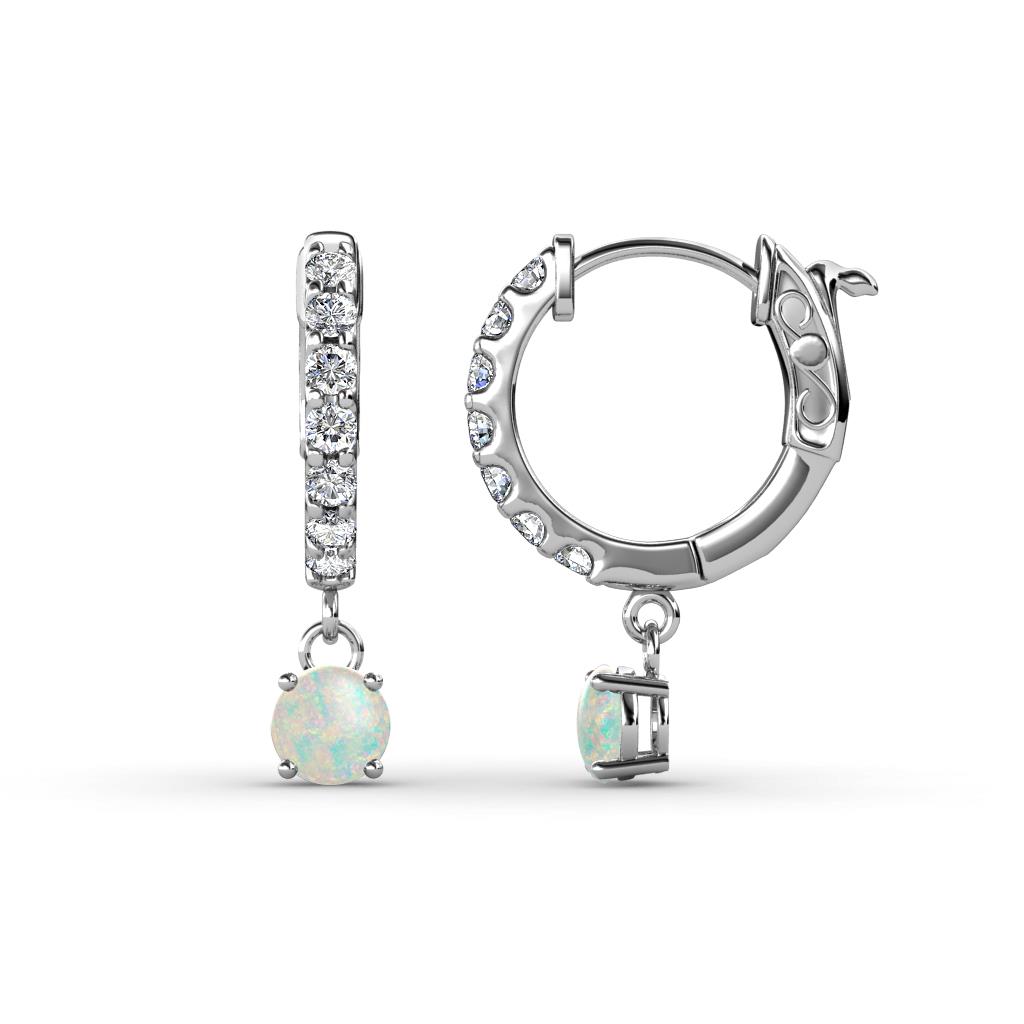 Nita (4mm) Round Opal and Diamond Dangle Huggie Hoop Earrings 