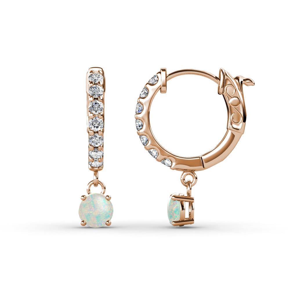 Nita (4mm) Round Opal and Diamond Dangle Huggie Hoop Earrings 