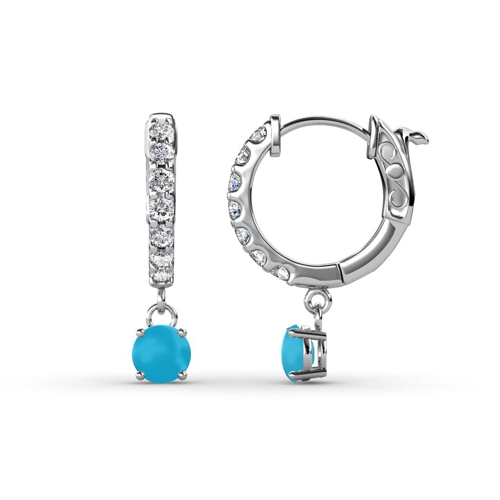 Nita (4mm) Round Turquoise and Diamond Dangle Huggie Hoop Earrings 