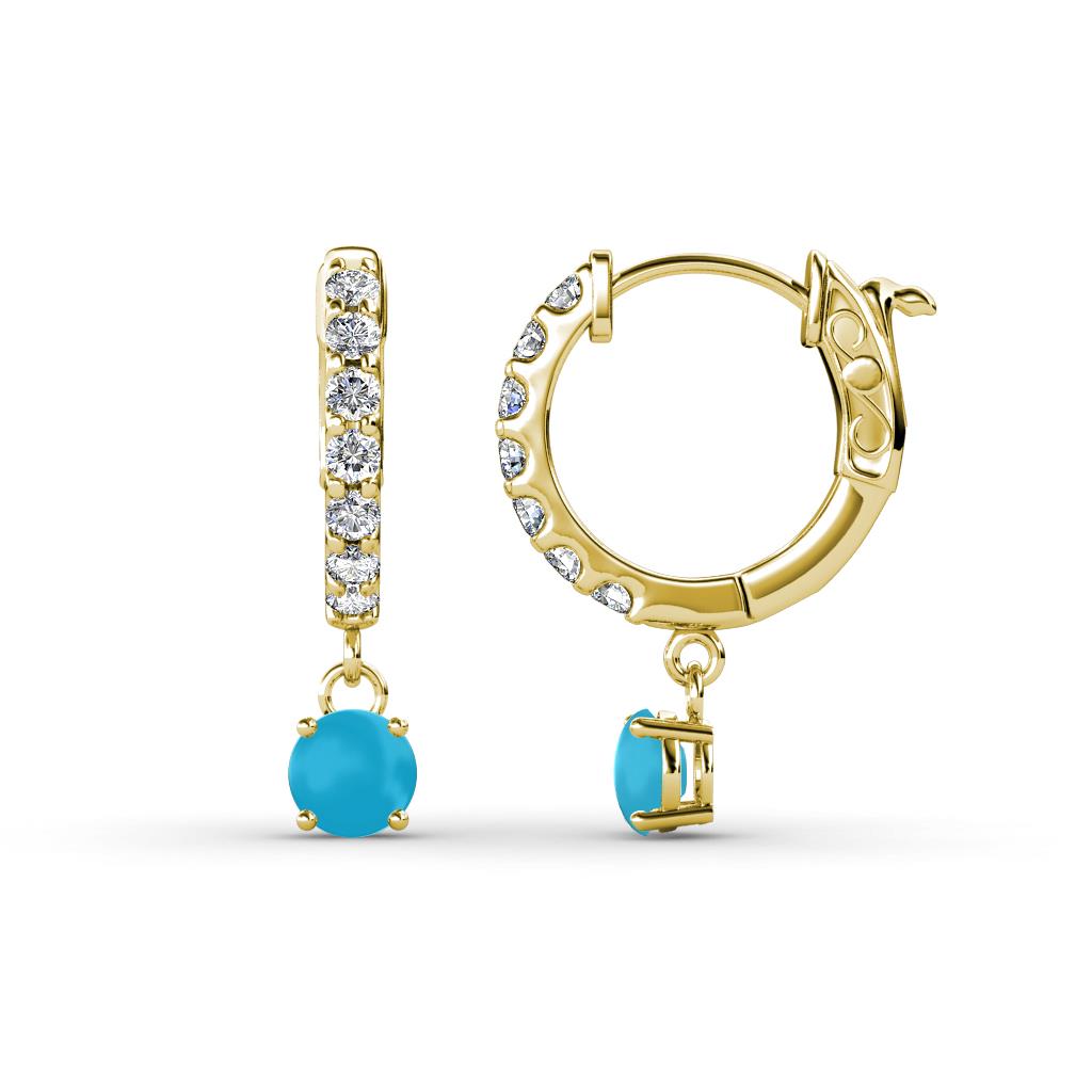 Nita (4mm) Round Turquoise and Diamond Dangle Huggie Hoop Earrings 