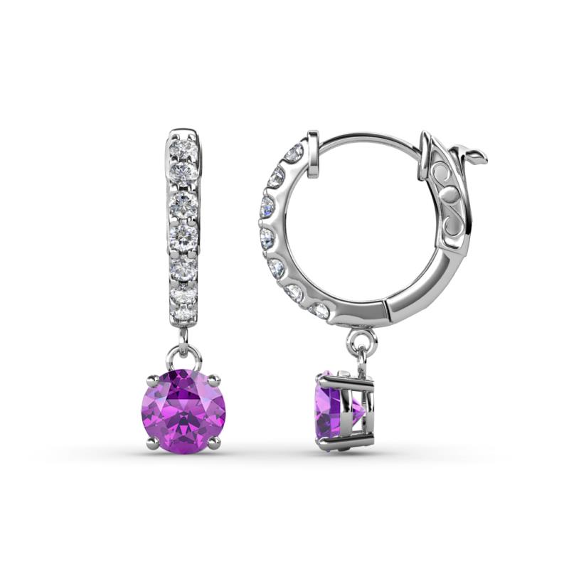 Nita (5mm) Round Amethyst and Diamond Dangle Huggie Hoop Earrings 