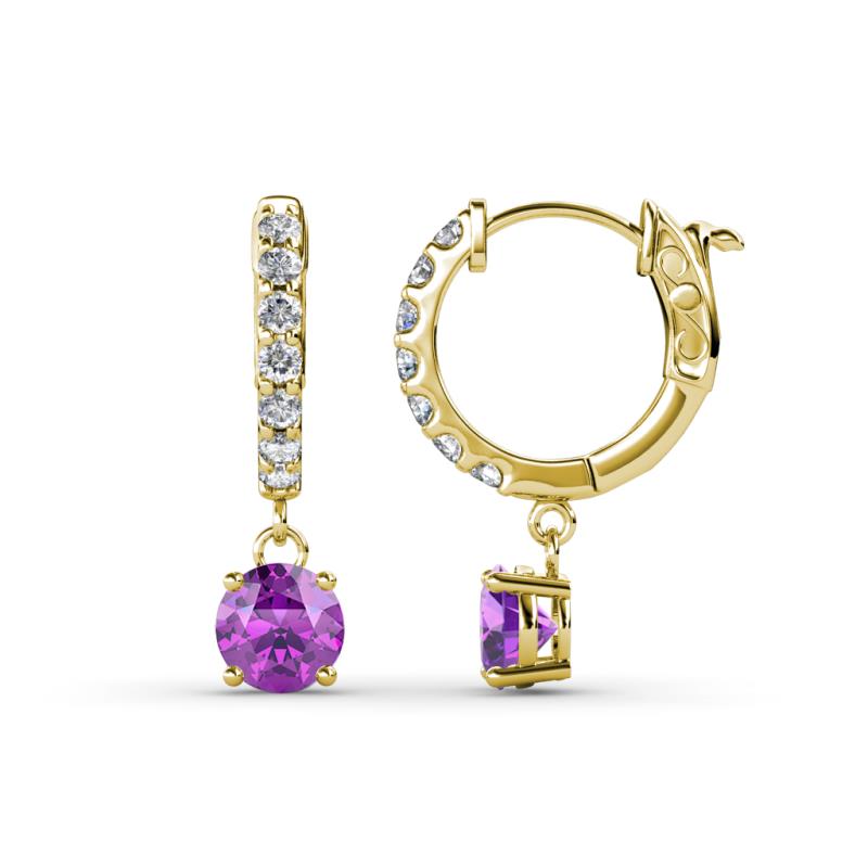 Nita (5mm) Round Amethyst and Diamond Dangle Huggie Hoop Earrings 