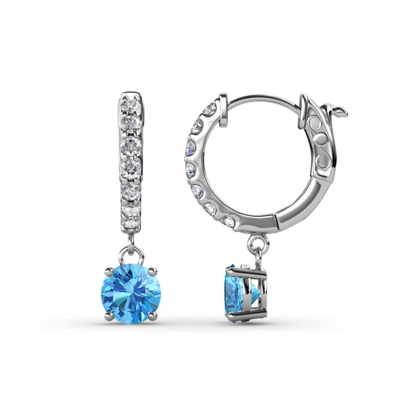 Nita (5mm) Round Blue Topaz and Diamond Dangle Huggie Hoop Earrings 