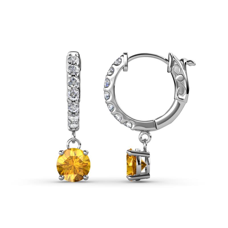 Nita (5mm) Round Citrine and Diamond Dangle Huggie Hoop Earrings 