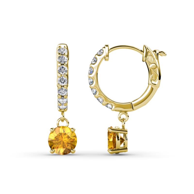 Nita (5mm) Round Citrine and Diamond Dangle Huggie Hoop Earrings 