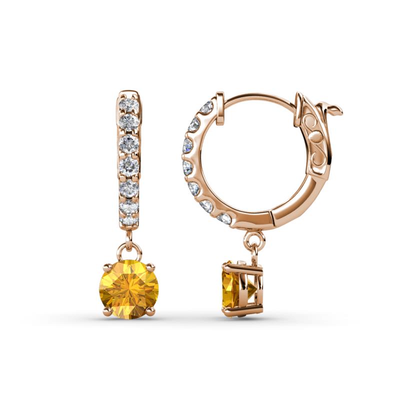 Nita (5mm) Round Citrine and Diamond Dangle Huggie Hoop Earrings 