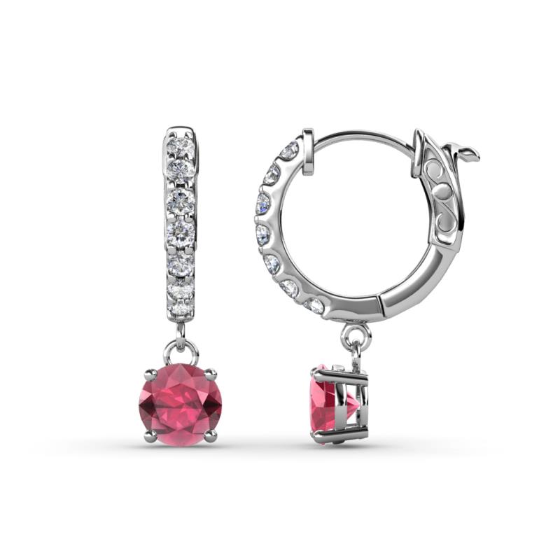 Nita (5mm) Round Rhodolite Garnet and Diamond Dangle Huggie Hoop Earrings 