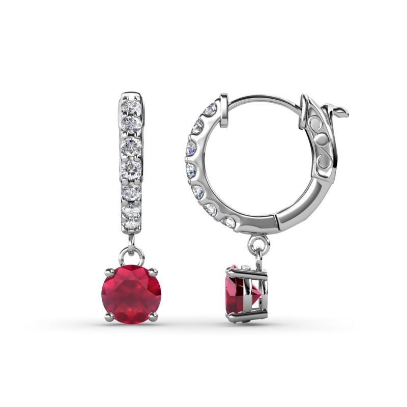 Nita (5mm) Round Ruby and Diamond Dangle Huggie Hoop Earrings 