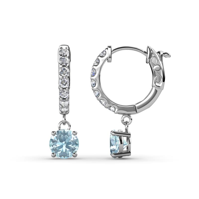 Nita (5mm) Round Aquamarine and Diamond Dangle Huggie Hoop Earrings 