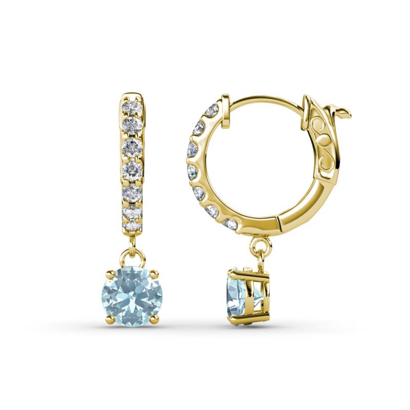 Nita (5mm) Round Aquamarine and Diamond Dangle Huggie Hoop Earrings 