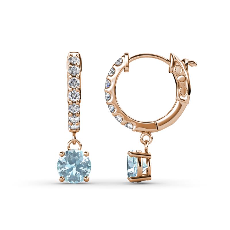 Nita (5mm) Round Aquamarine and Diamond Dangle Huggie Hoop Earrings 