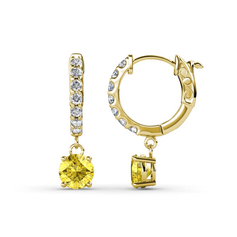 Nita (5mm) Round Lab Created Yellow Sapphire and Diamond Dangle Huggie Hoop Earrings 