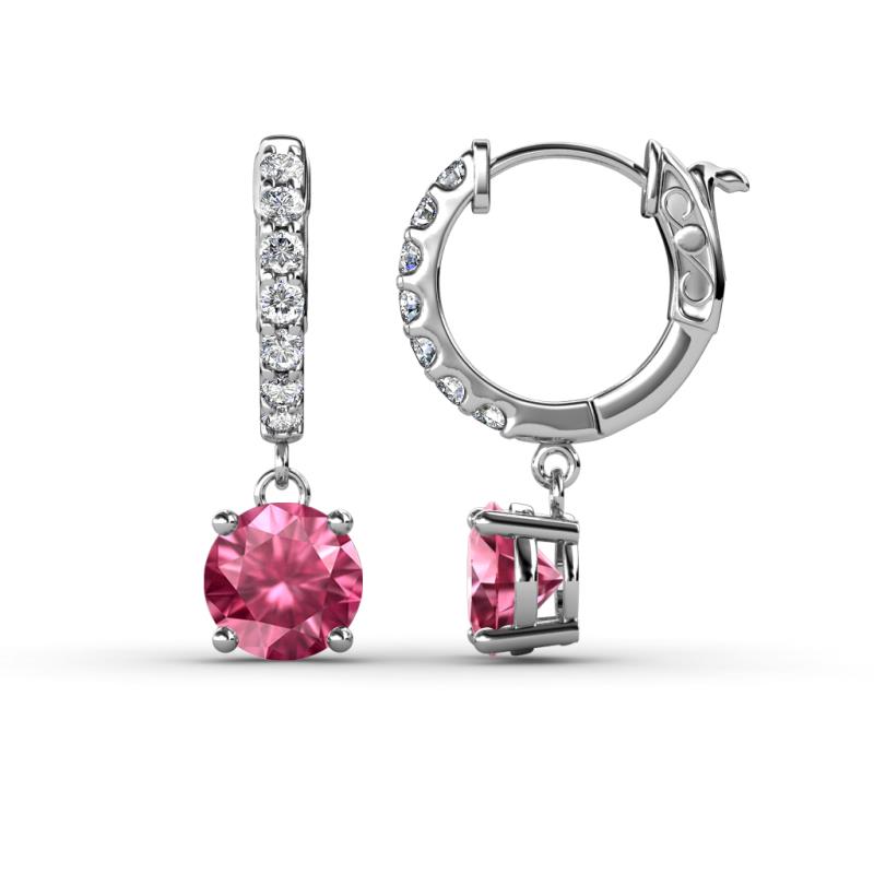 Nita (6mm) Round Pink Tourmaline and Diamond Dangle Huggie Hoop Earrings 