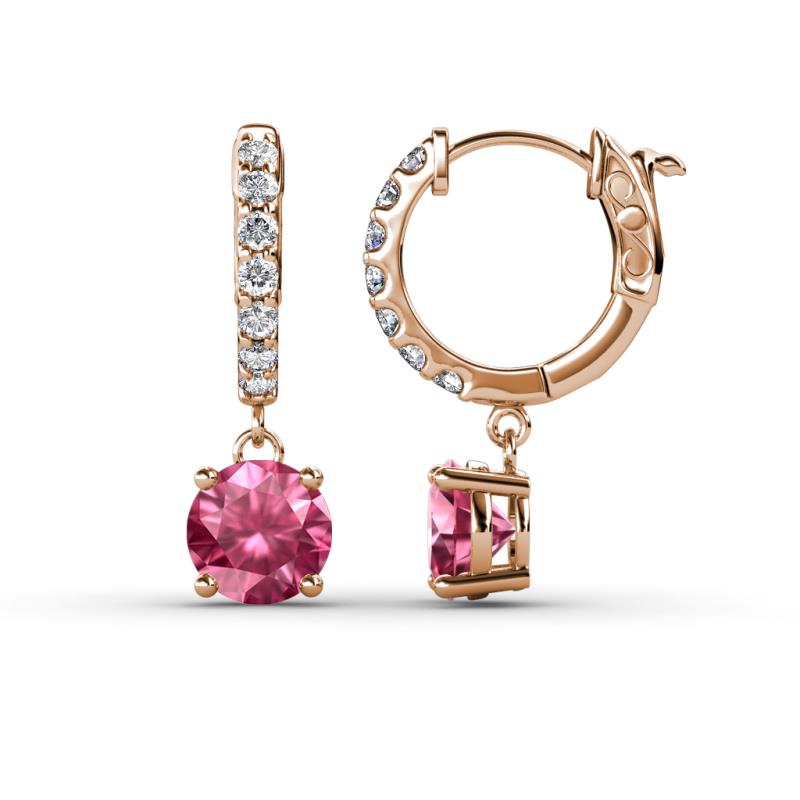 Nita (6mm) Round Pink Tourmaline and Diamond Dangle Huggie Hoop Earrings 