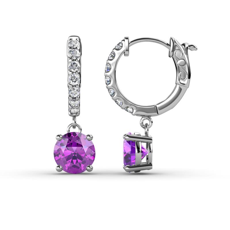 Nita (6mm) Round Amethyst and Diamond Dangle Huggie Hoop Earrings 