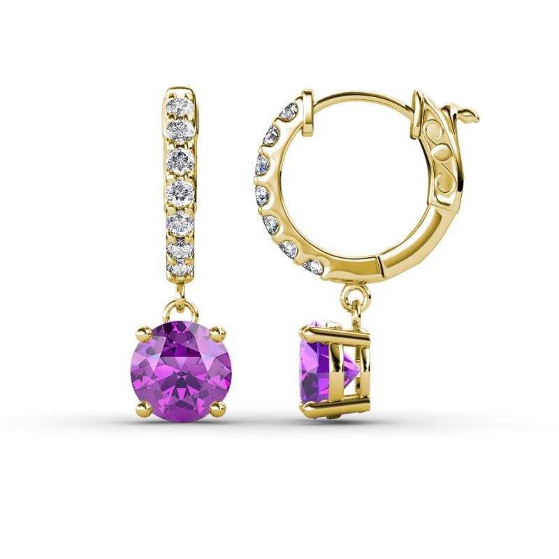 Nita (6mm) Round Amethyst and Diamond Dangle Huggie Hoop Earrings 