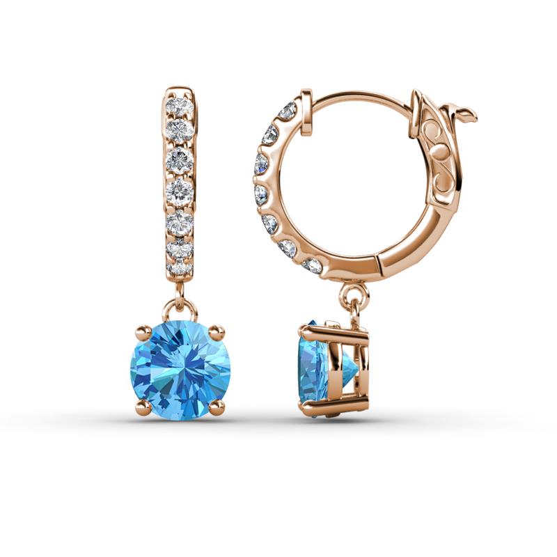 Nita (6mm) Round Blue Topaz and Diamond Dangle Huggie Hoop Earrings 