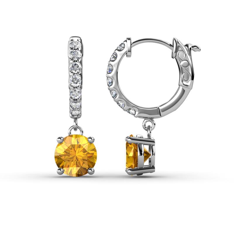 Nita (6mm) Round Citrine and Diamond Dangle Huggie Hoop Earrings 