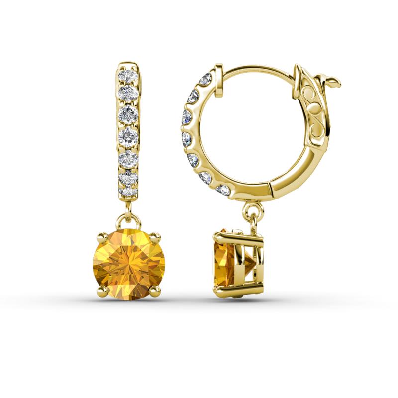 Nita (6mm) Round Citrine and Diamond Dangle Huggie Hoop Earrings 
