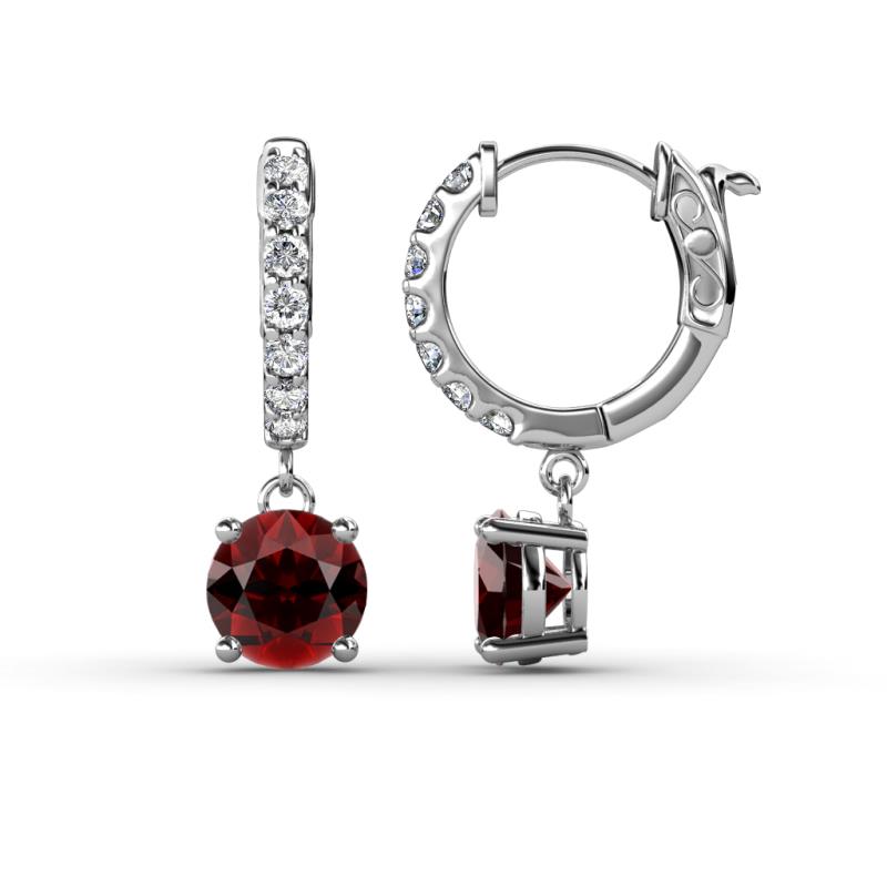 Nita (6mm) Round Red Garnet and Diamond Dangle Huggie Hoop Earrings 