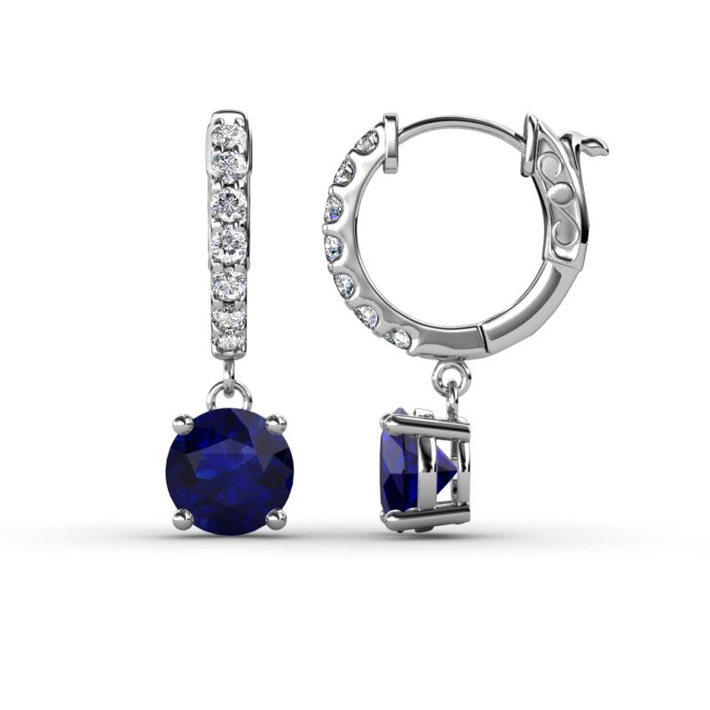 Nita (6mm) Round Blue Sapphire and Diamond Dangle Huggie Hoop Earrings 