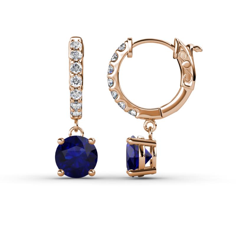 Nita (6mm) Round Blue Sapphire and Diamond Dangle Huggie Hoop Earrings 