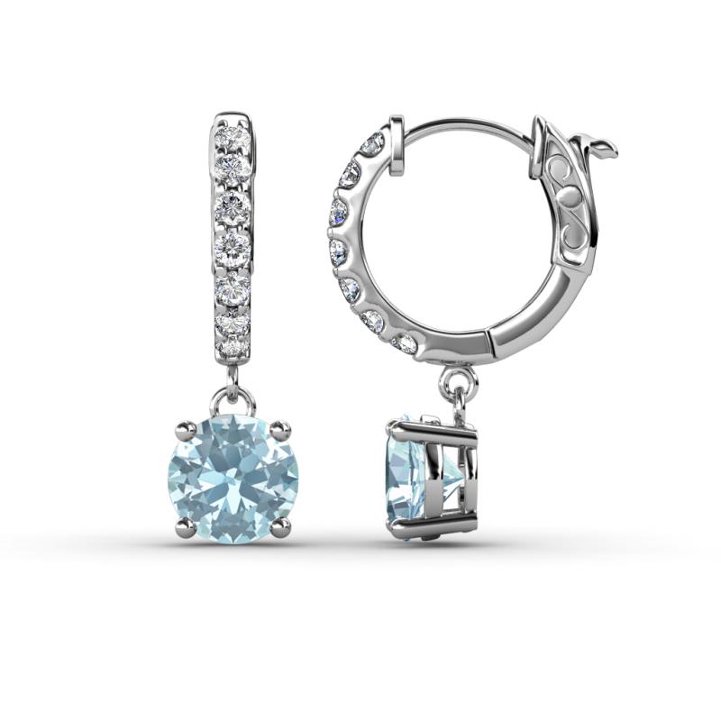 Nita (6mm) Round Aquamarine and Diamond Dangle Huggie Hoop Earrings 
