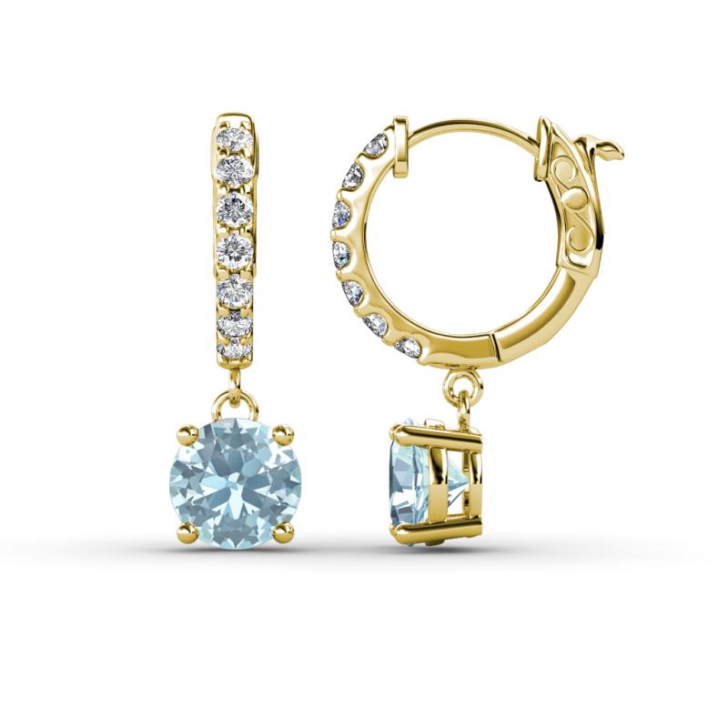 Nita (6mm) Round Aquamarine and Diamond Dangle Huggie Hoop Earrings 