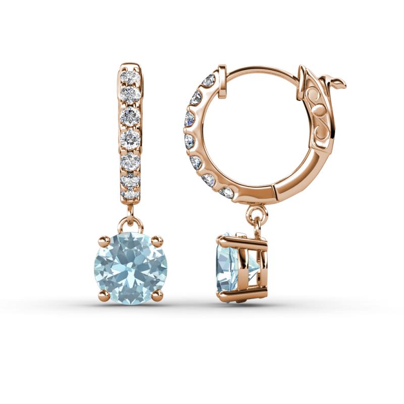Nita (6mm) Round Aquamarine and Diamond Dangle Huggie Hoop Earrings 