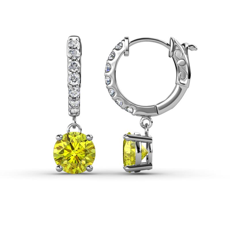 Nita (6mm) Round Yellow and White Diamond Dangle Huggie Hoop Earrings 