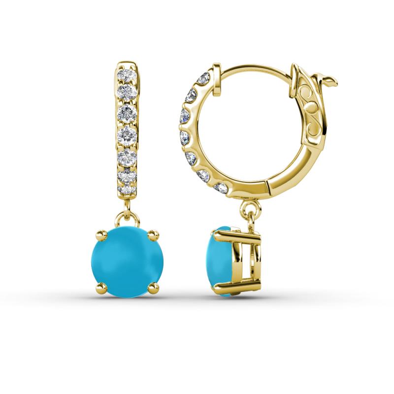 Nita (6mm) Round Turquoise and Diamond Dangle Huggie Hoop Earrings 
