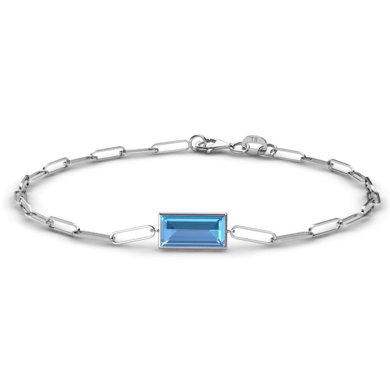Aniya 10x5 mm Baguette Cut Blue Topaz Solitaire Paperclip Chain Bracelet 