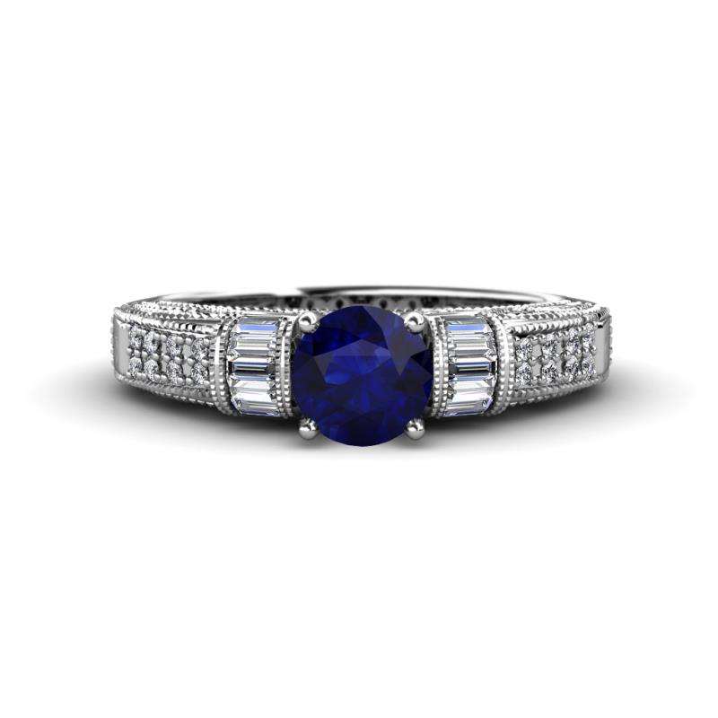 Amya Desire Round Blue Sapphire with Round and Baguette Diamond Engagement Ring 