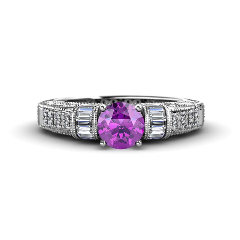 Amya Desire Round Amethyst with Round and Baguette Diamond Engagement Ring 