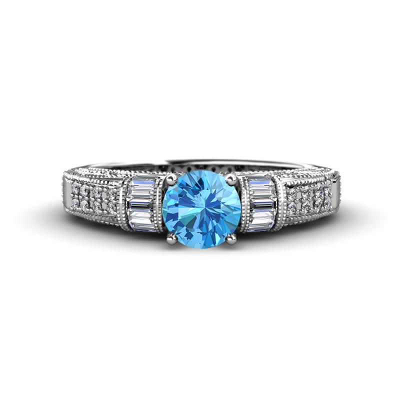 Amya Desire Round Blue Topaz with Round and Baguette Diamond Engagement Ring 