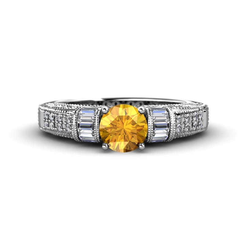 Amya Desire Round Citrine with Round and Baguette Diamond Engagement Ring 