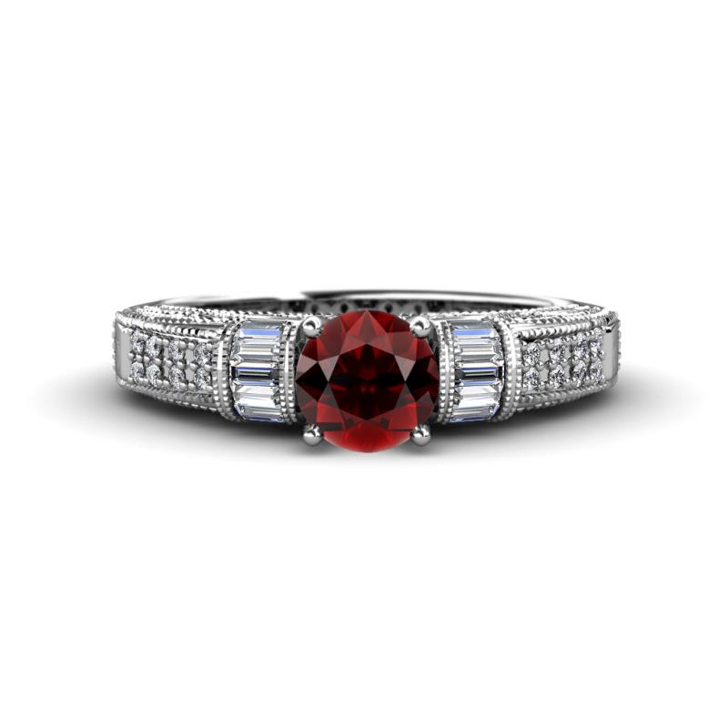 Amya Desire Round Red Garnet with Round and Baguette Diamond Engagement Ring 